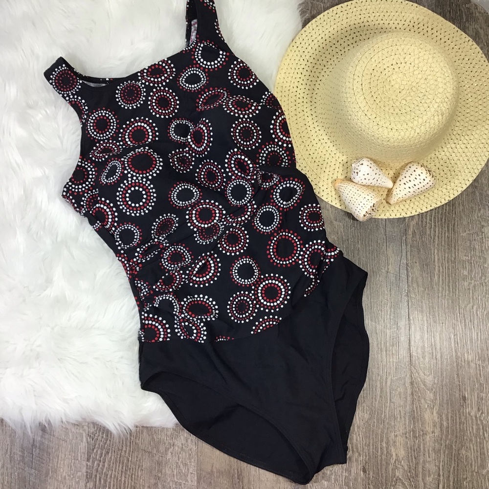 Christina One Piece Swimsuit Black Red Dot Mandala Circles